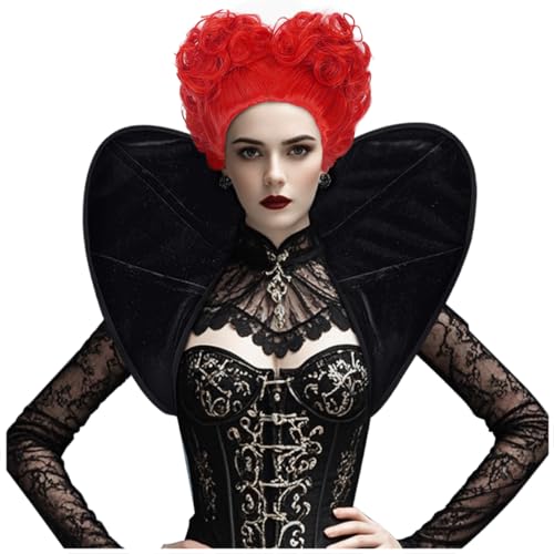 Joukavor Queen of Hearts Red Wig & Velvet Standup Collar Set - for Halloween Cosplay Costume Parties (Black)