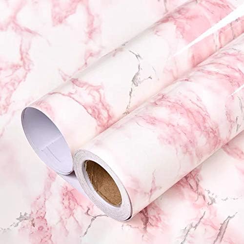 Glossy White/Pink Marble Contact Paper for Countertop Granite Wallpaper 15.8"×197" Marble Peel and Stick Wallpaper Self-Adhesive Removable Wallpaper of Kitchen Waterproof Easy to Clean Vinyl Film Roll