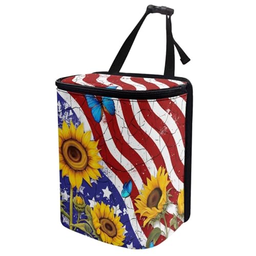 Image of 4th of July Car Trash Can with Lid Hanging Car Trash Bag Leak-Proof Portable Cars Garbage Bin Sedan Accessories Interior Cars Organizer, USA Flag Sunflower Print