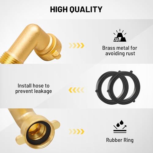 Image of Oyviny 90 Degree Garden Elbow Water Hose Connector, 3 /4 inch FHT Outside Water Faucet Solid Brass Hose Connection with 4 O-rings Garden Hose Fittings Connector, Water Hose Elbow for RV & Garden