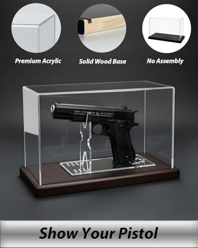 Image of Premium Acrylic Pistol Display Case with Solid Wood Base & Clear Pistol Stand - UV Protection, Dustproof Gun Display Box for Collector Handguns, 1911, Glock and Memorabilia (11 inch x 4.2 inch x 6.7 inch)