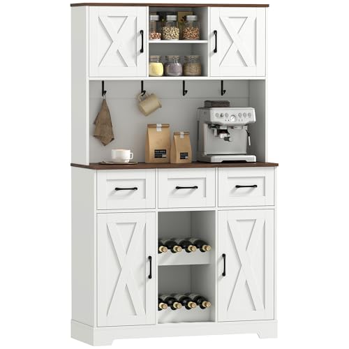 Homcom Alacena De Cocina Alta, Mueble Auxiliar De Cocina, Botellero Para 8 Botellas, 4 Puertas, 3 Cajones, Estantes Abiertos, Encimera Amplio, 4 Ganchos, Orificio Para Cables, Blanco, 100x38x172 Cm