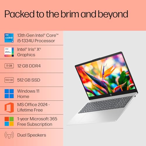 Image of HP 15, 13th Gen Intel Core i5-1334U Laptop (12GB DDR4,512GB SSD) Anti-Glare,Micro-Edge,15.6'' /39.6cm, FHD, Win11,M365,Office24, Silver,1.59kg, Iris Xe Graphics, FHD Camera w /Privacy Shutter, fd0575TU