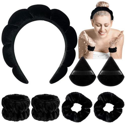 Miioto Diadema Skincare Mujer, 7 Piezas Diadema Maquillaje Mujer, Diadema y Muñequeras Skincare, Anillo de Pelo Y Borla Para Empolvarse para Ducharse, Spa, Lavarse, Desmaquillarse (Negro)