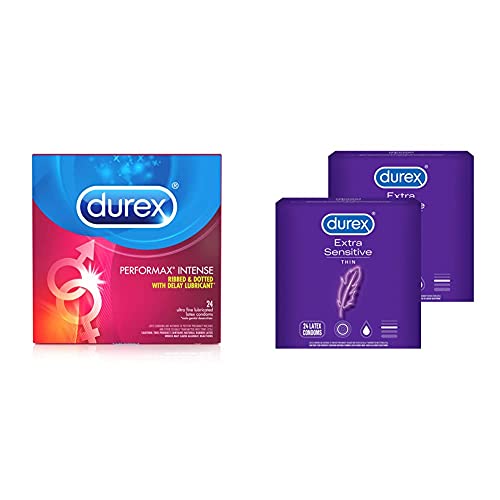 Condoms, Ultra Fine, Ribbed, Dotted with Delay Lubricant, Durex Performax Intense Natural Rubber Latex Condoms, 24 Count with Condoms, Durex Extra Sensitive & Extra Lubricated Condoms, 24 Count