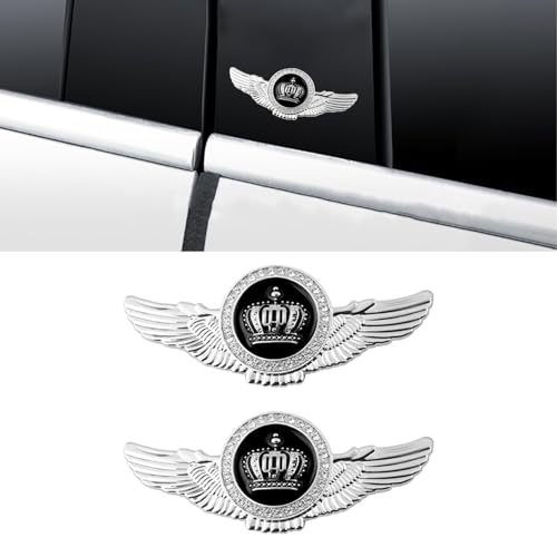 Image of 2PCS Wing Circular Crown Emblems,Crystal Diamond Crown Car Stickers Decals Decoration for All Car (Silver Black)