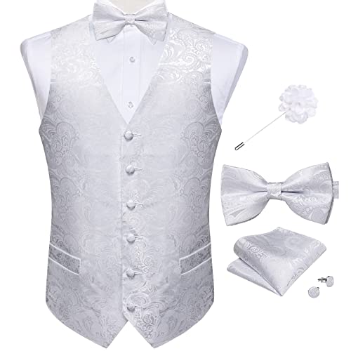 Image of DiBanGu Mens Paisley Suit Waistcoat,Silk Dress Vest and Bowtie Pocket Square Cufflinks with Lapel Pin Set for Wedding Tuxedo, White, X-Large