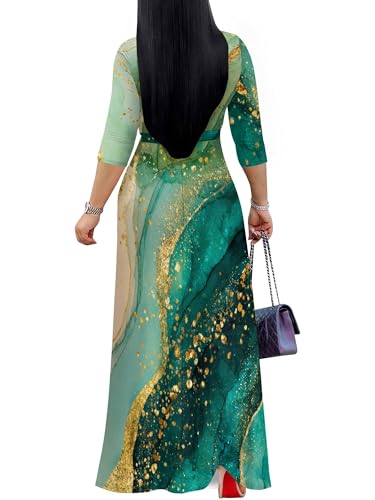 Image of Plus Size Dresses for Women Print Maxi Dresses 3 /4 Sleeve with Belt