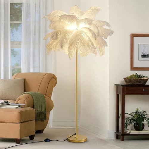 Lámpara de pie de plumas naturales con luz LED regulable y diseño moderno