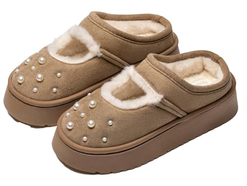 Closed - Toe Mule Slippers Pearl - Embellished Thick Platform Suede - Like Fleece - Lined Indoor Outdoor
