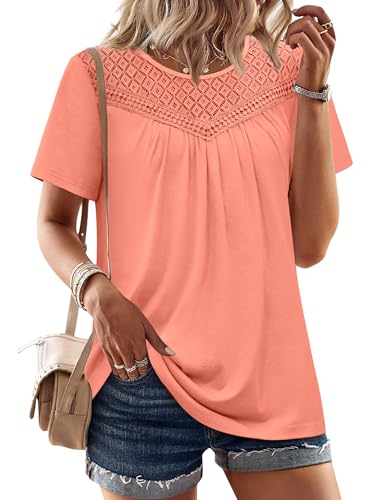 WIHOLL Womens Tops Short Sleeve Lace Shirts Summer Spring Tops Boho Trendy Beach Vacation Clothes Loose Fit