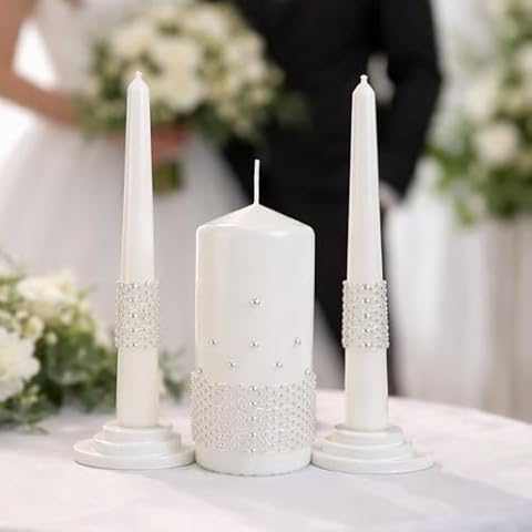 Magik Life Unity Candle Set - Wedding Ceremony & Reception Candle– 6” Pillar & Two 10” Taper Candles – Long Burning Unity Candles for Marriage Ritual – Handmade in USA – White |Pearls| Luxury Cover