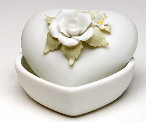 Cosmos Gifts Corp Fine Porcelain White Rose Heart Shape Keepsake Trinket Ring Cover Box, 2-1/2" L