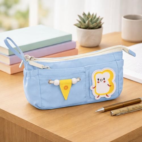 Image of Canvas School Bag Pencil Case, 3 Layer 6 Compartment Large Capacity, Aesthetic Pencil Pouch for Stationary, Cute Stationery for Kids, Pencil Case for Girls & Boys (Sky Blue)