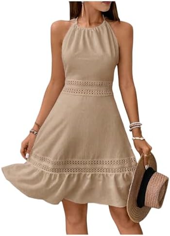 SweatyRocks Women's Ruffle Backless Lace Dress Halter Sleeveless ...