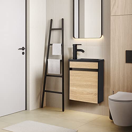 Uev Small Bathroom Vanity Wall Mounted, Black And White Mixed Small Bathroom Vanity, With Ceramic Sink, Bathroom Vanity And Sink Set With Frosted Black Faucet P-Trap (Black And Natural) #TOP2