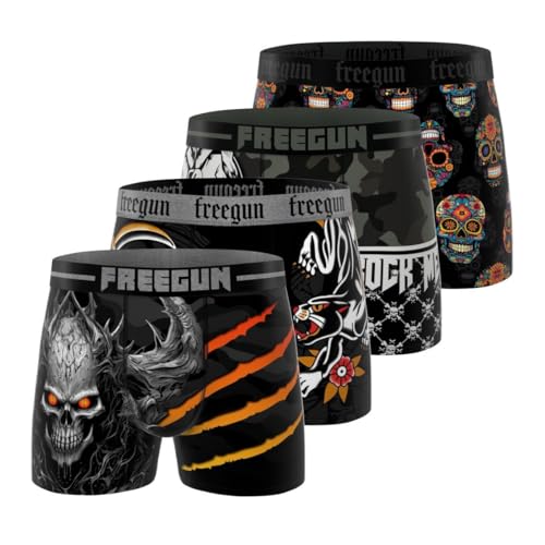 FREEGUN Boxer Homme, Caleçon Homme Skull Summer, Doux & Respirant (Lot de 4), Noir Taille M
