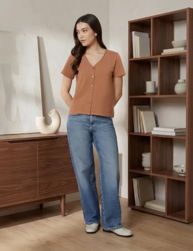 Image of Amazon Brand - Symbol Women's Seer Sucker V-Neck Knit Casual Shirt Top (Button Down | Regular-fit | Stylish) (Available in Plus Sizes)