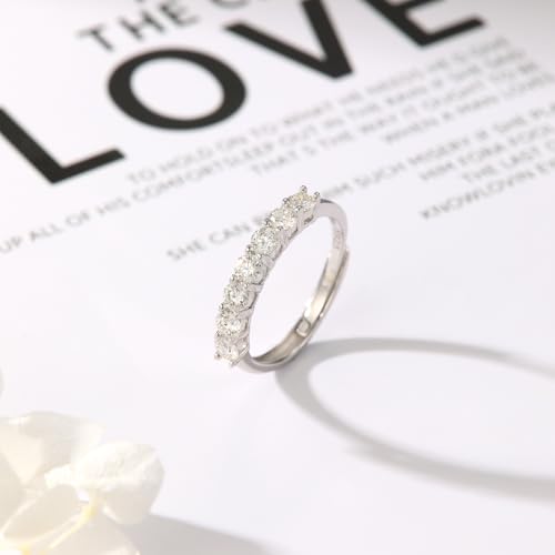 Adjustable Moissanite Wedding Band for Women 7 Stones 3mm 0.1ct Eternity Bands Moissanite Wedding Rings for Women Sterling Silver Ring Anniversary Band White Gold Plated3