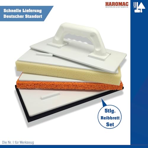 HAROMAC Profi Reibebrett Set 5-teilig – – inkl. Glättbrett, Schwammbelag & Zellkautschuk – für Fliesen, Fugen, Putz & Struktur – Innenausbau-Reiberset - Made in Germany