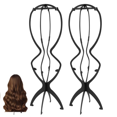 OYUUJII Wig Stand,2 Pcs Wig Stands Holders for Long Short Hair Folding Plastic Wigs Head Stand Portable Display Stands Holds Multiple Wigs & Hats(Black)