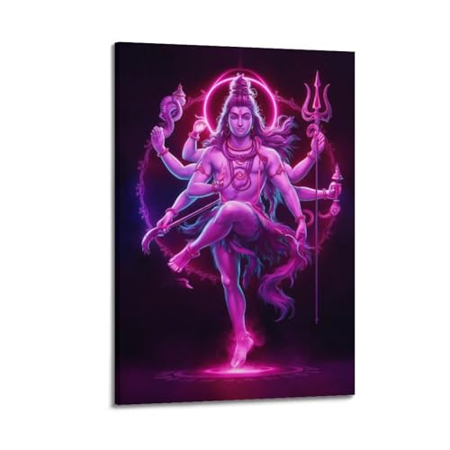 Poster hindou Shiva sur toile effet néon avec cadre déco moderne