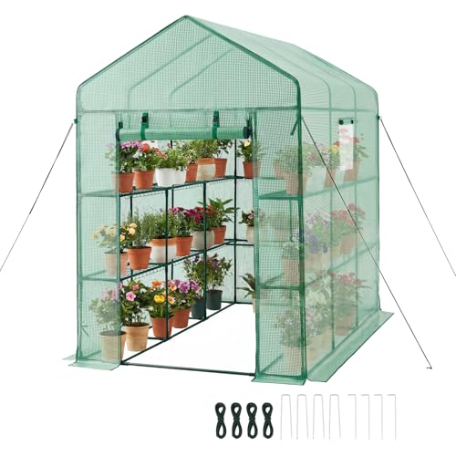 Image of VEVOR Walk-in Greenhouse, 54 inch x 81.1 inch x 77.2 inch Greenhouse for Outdoors with Windows, PE Cover, 2 Tiers 14 Shelves, Roll-Up Zipper Door, Walk in Green House, Portable Plant Garden Hot House for Backyard