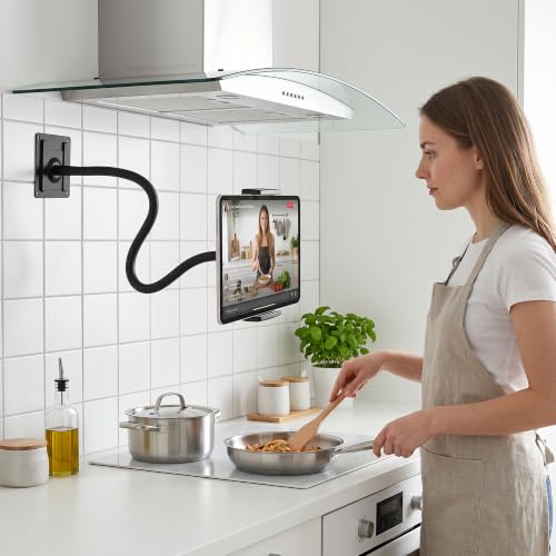 Image of Tablet /iPad Wall Mount Holder With 3*Universal Bases Easily Switch Scenario | Gooseneck 360 Rotating Metal Tablet Wall Mount,iPad Wall Mount,4-13 iPad Pro Air /Smartphone /eReader /Kindle Fire /Galaxy Tab