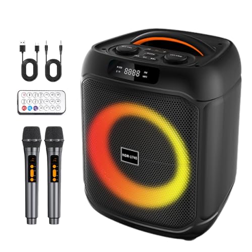 Karaoke Machine with 2 Wireless Mics | Portable Bluetooth Speaker with Echo Adjustment & Auto Pitch Correction | PA System with RGB Lights Supports TV/TF Card/USB/AUX/Live/REC for Home Parties