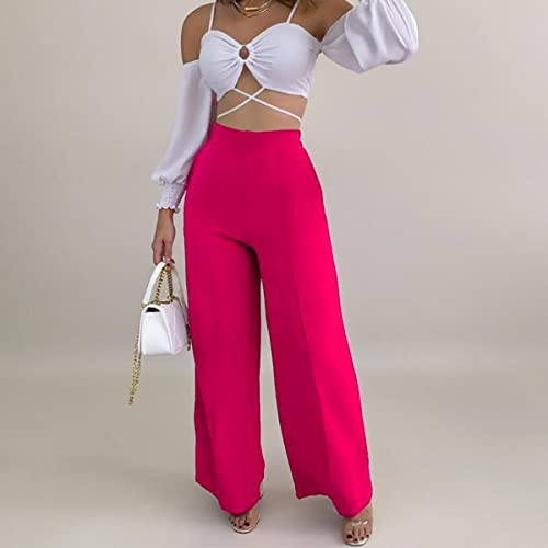 Calça Pantalona Alfaiataria Feminina Social Tecido Wide Leg Cor:Rosa;Tamanho:M