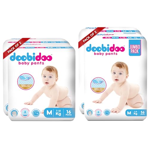 Image of Doobidoo Baby Diaper Pants - M Size | High Absorbency with Bubble Soft Topsheet, Anti-Leak Side Cuffs & Rash-Free Comfort | Gentle & Comfortable Fit for Babies (7-12 kg) - Pack of 4 | 144 Count