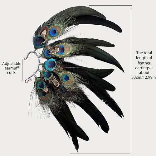 Peacock Feather Handmade Ear Cuff,peacock feather earrings,wedding ear cuff,Festival earrings,Long peacock feathers,Tribal,Natural feathers(A pair)3