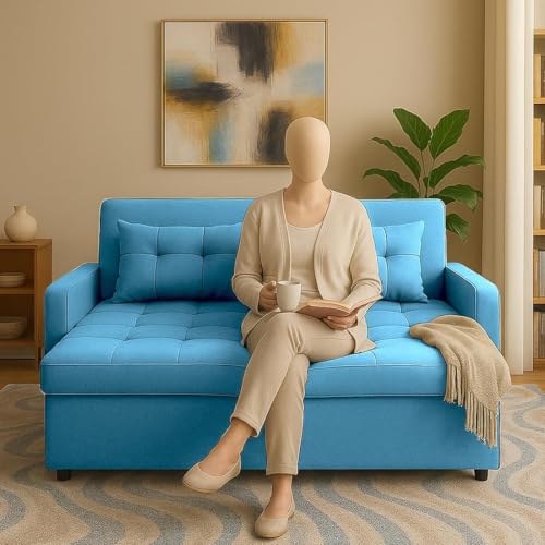 Image of Casaliving Treshta Pull-Out Premium Fabric Sofa Cum Bed 2 Seater Sofa Set for Living Room (Turquoise)
