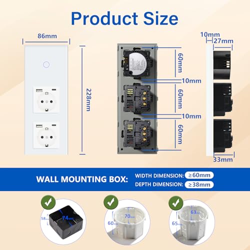 BSEED Touch Lichtschalter mit USB Steckdose Anschluss (Max. 2.1A) Typ C Port 1 Fach 1 Weg Wandschalter mit doppelten Steckdosen Unterputz Touchscreen-schalter mit Glasrahmen 228mm Wei&szlig;