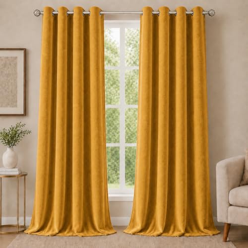 Image of Velvet Curtains | Heavy Soft Premium Velvet Drapes for Bedroom and Living Room | Semi Light Blocking, Thermal Insulated and Noise Reducing Window Panels | 5 Feet, Set of 2 (Mustard)