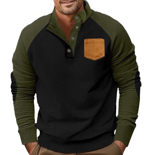 Mens Corduroy Sweatshirts Casual Snap Buttons Pullover Tops Elbow Patches Long Sleeve Ribbed Knit Waffle Henley Polo Shirts