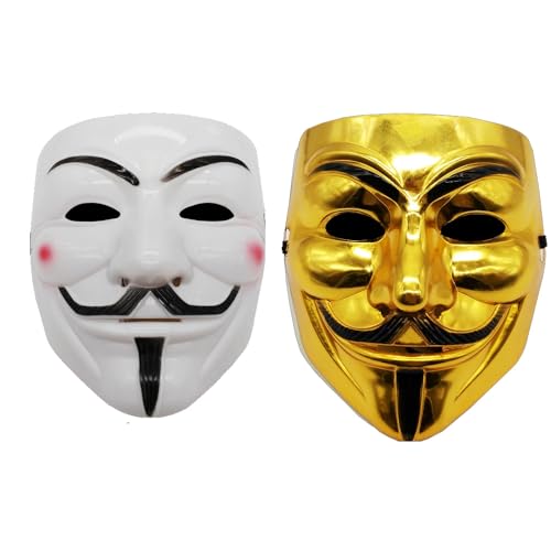 JACKANNA Conjunto de 2 máscaras em V como Vendetta, Anonymous, unissexo, para Halloween, cosplay, carnaval (adultos e crianças) (branco ouro)