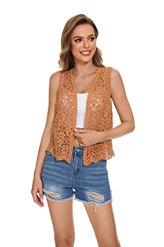 Image of Womens Floral Crochet Lace Trim Sleeveless Open Front Vest Cardigan