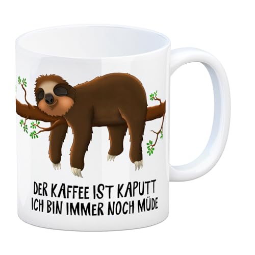 Kaffeebecher mit liegendes Faulter Motiv und Spruch: Der Kaffee ist kaputt - ich bin immer noch müde!