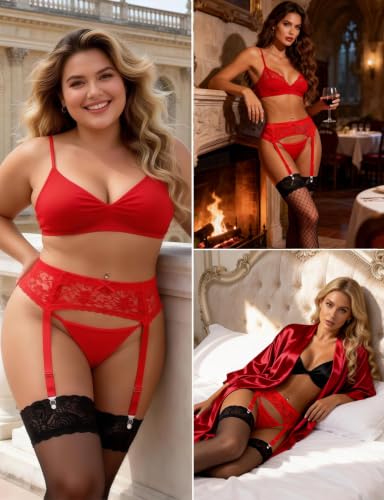 Image of Women Floral Lace Garter Belt Set with 4 Straps Plus Size Suspender Belt