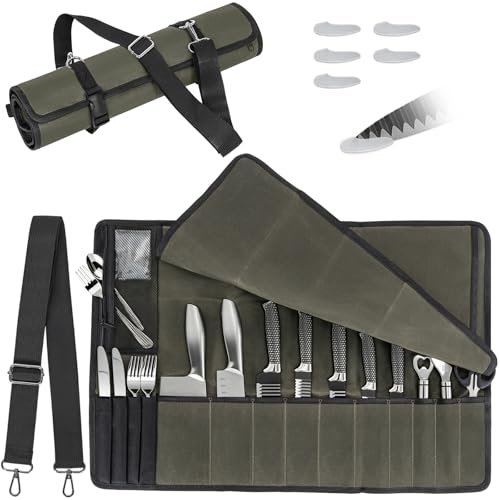 OUUTMEE Estuche para cuchillos con 14 compartimentos, Verde militar., Bolsillo para cuchillos