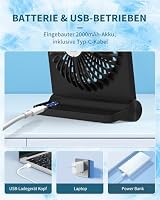 BIVBTP Kleiner Tischventilator, 2000mAh Tragbarer Wiederaufladbarer Ventilator, 3-Stufen-Variable, 220° Einstellbar, Leiser Lang Anhaltender USB Ventilatoren Geeignet für Büro, Zuhause, Reisen-Schwarz – Ansicht 6