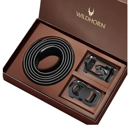 Image of WildHorn Men's Leather Belt Gift Set | Genuine Leather belt Strap with 2 Interchangeable Buckles | Formal & Casual Wear Adjustable Belt | Automatic lock leather belt for men