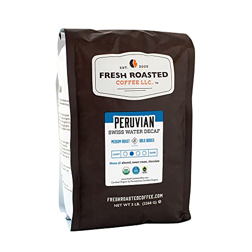 Fresh Roasted Coffee, Fair Trade Organic Peruvian Water-Processed Decaf, 5 Lb (80 Oz), Kosher, Medium Roast Whole Bean #TOP10