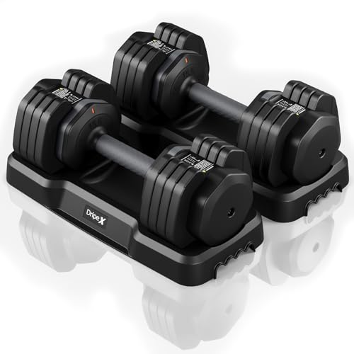 Dripex Juego de Mancuernas Ajustables 5 en 1, 11 kg/24,5 kg Pesas y Mancuernas Ajuste Rápido, Ahorran Espacio con Base para Entrenamiento en Casa y Gimnasio (2 x 24,5 Kg - Negro)