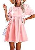 TAMEYA Womens Summer Casual Dresses, Cute Short Puff Sleeve Mini Dresses, Loose Babydoll Dresses Beach Swing Dress (Pink, M)