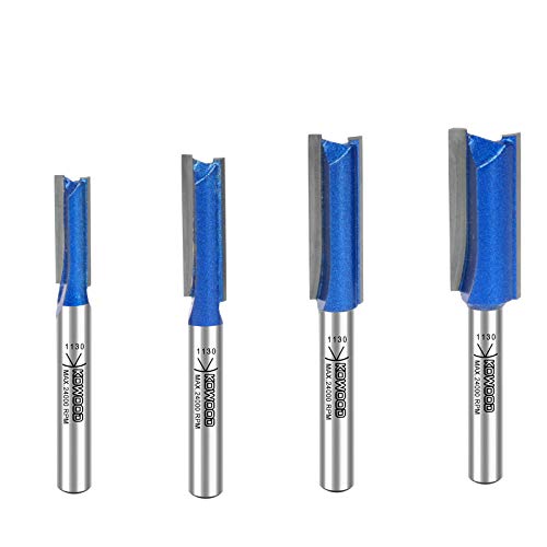 KOWOOD Plus Double Flute Straight Router Bit Set, 1/4 Inch Shank. Cutting Diameter in 1/4”, 5/16”, 3/8”, 1/2”. with Updated Kowood C3 Carbide. Great for Create Groove, dado or Hollow