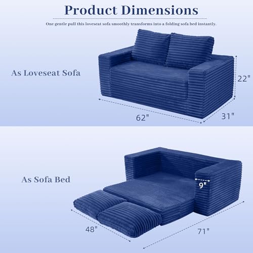 Image of HABUTWAY 62 inch Small Boneless Couch,3-in-1 Convertible Folding Sofa Bed, Corduroy Loveseat Sofa Bed w /2 Pillows for Living Room /Guest Room No Assembly Required, Blue