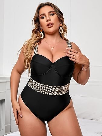 Image of Black Wide Strap One Piece Contrast Trim Push Up Suit| Gold Sequine Strap Swimsuit| Honeymoon Nightwear & Bedroom Wear| First Night Bridal & Teddy Bodysuit for Women