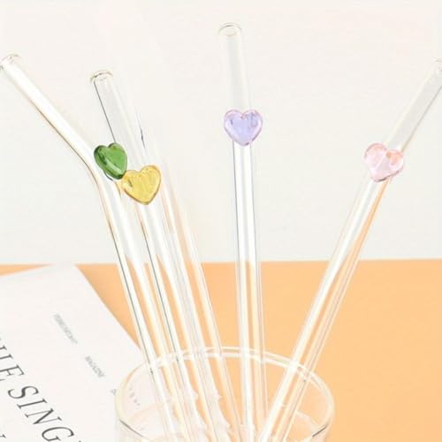 Image of THE Empty Space Set of 4 Reusable Glass Straws, Colorful Heart Shaped with Gift Packaging for Smoothies, Milkshakes, Juices, Teas, Perfect for Parties & Gifts | 7 inch Height 4 PCs (Heart)